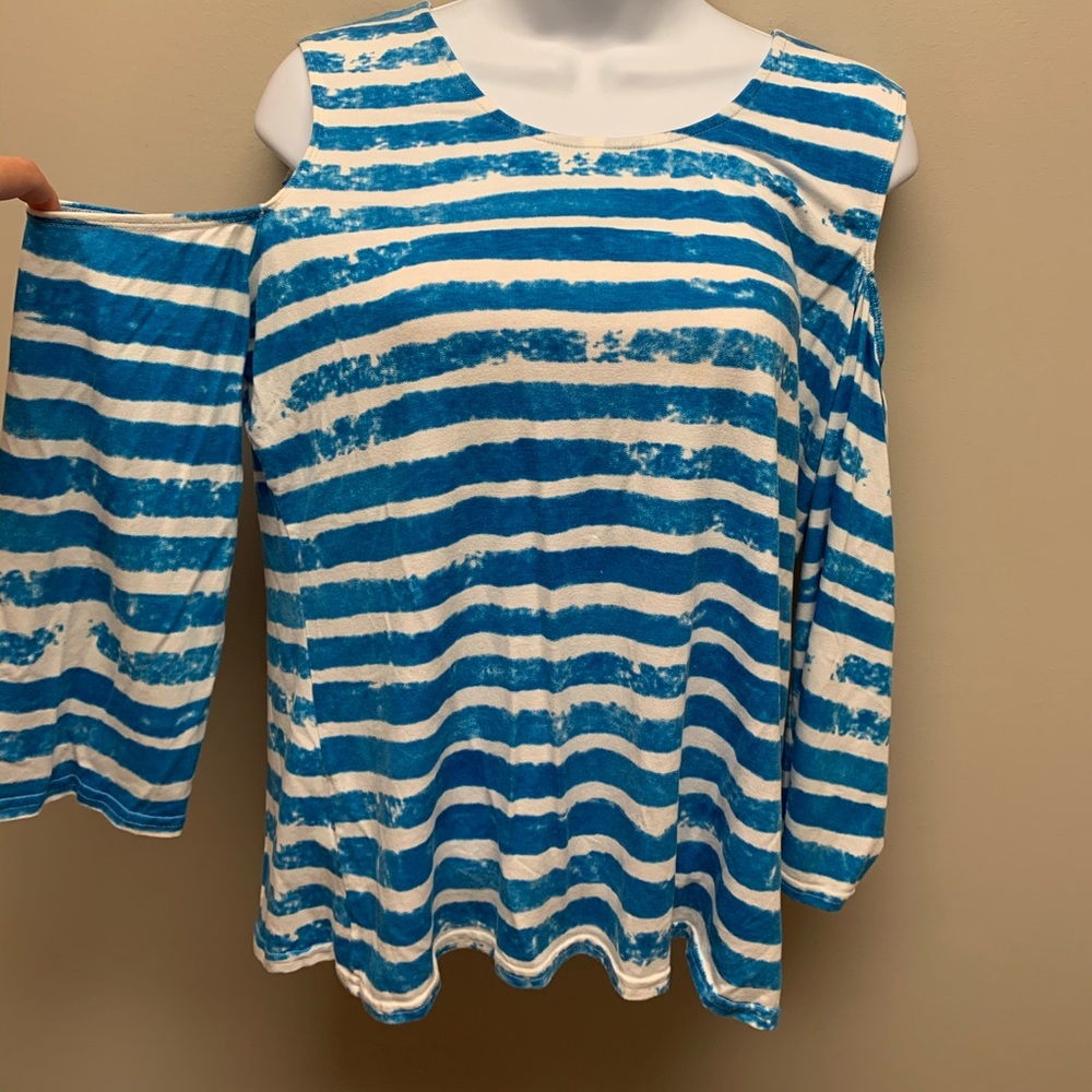 Peck & Peck Blue White Tie Dye Striped 3/4 Sleeve